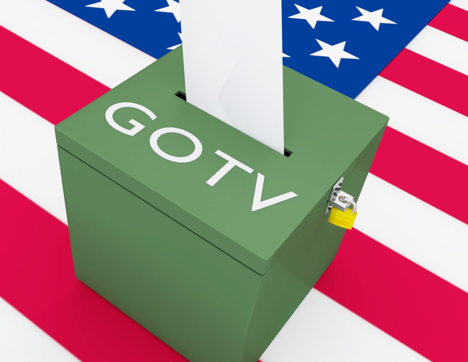 3D illustration of GOTV script on a ballot box, with US flag as a background.